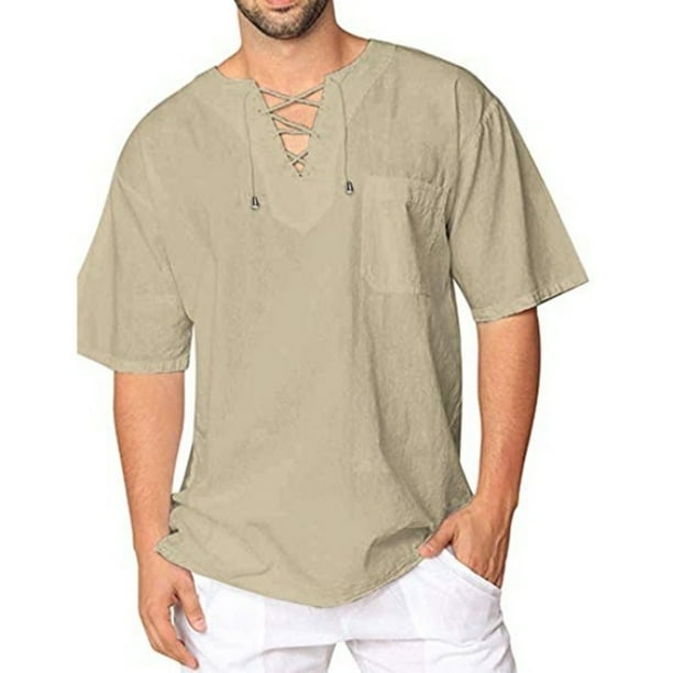 Men Retro Mid Sleeve Lace Up V Neck Tee Shirt Blouse Beach Party Tunic Tops Tee Men Retro Mid Sleeve Lace Up V Neck Tee Shirt Blouse Beach Party Tunic Tops Tee